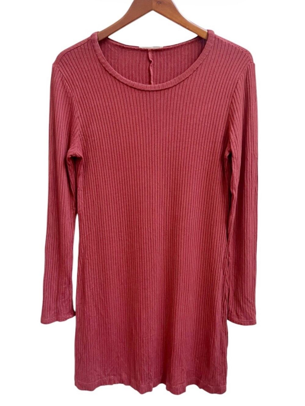 REFORMATION JEANNE T Shirt Dress Sz L Brick Red Ribbed Stretch Knit Long Slv